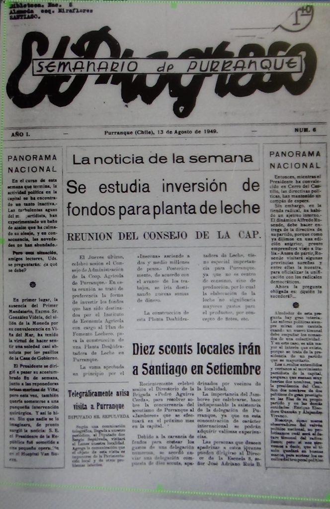 Semanario El Progreso, Purranque, 13 de agosto de 1949, año I, N° 6.